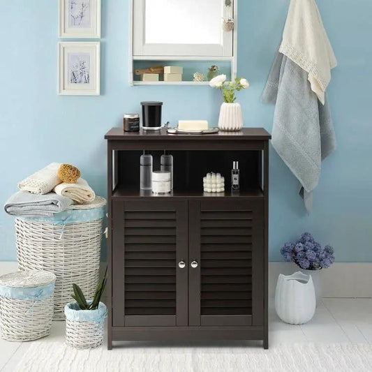 Brown farmhouse linen cabinet with open shelf and louvered doors in dark wood HomePacific on Tampa Home & Garden Store