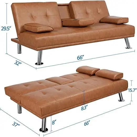 Brown Modern Faux Leather Cup Holders Convertible Sofa Bed Futon Sleeper - Tampa Home & Garden Store