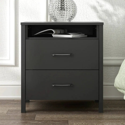Modern 2 Drawer Nightstand in black wood finish with open top shelf and metal handles on Tampa Home & Garden Store