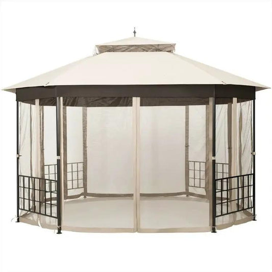 Outdoor Octagon Gazebo 10x12 ft by HomePacific beige canopy with mosquito net sidewalls on Tampa Home & Garden Store