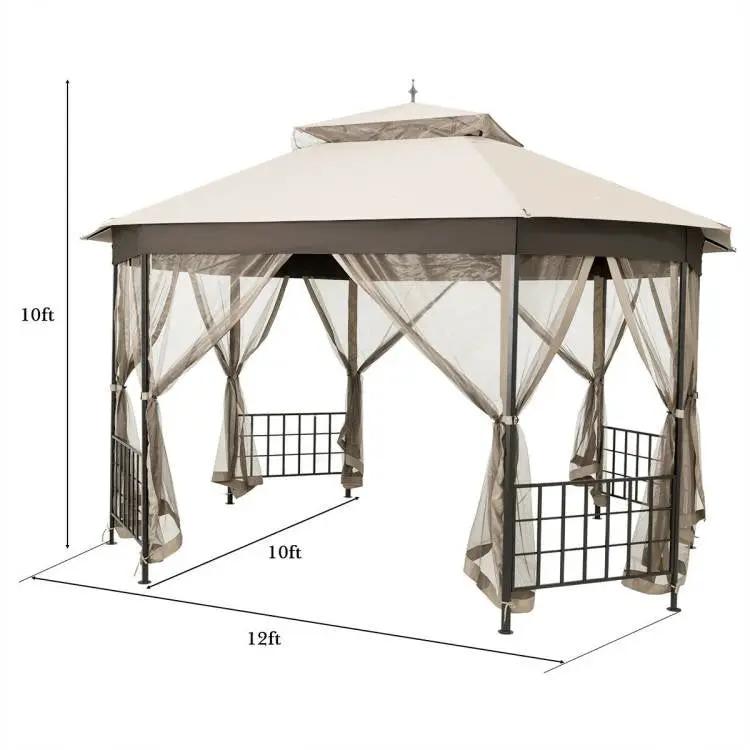 Outdoor 10 x 12 Ft Octagon Gazebo with Mosquito Net Sidewalls and Beige Canopy - Tampa Home & Garden Store