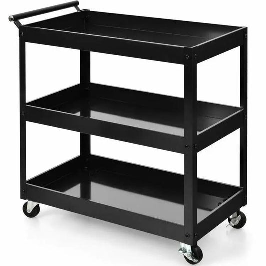Black steel-frame three-tier kitchen serving cart on wheels with handle, HomePacific on Tampa Home & Garden Store