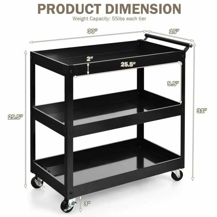 Black Steel Frame Kitchen Serving Utility Cart on Wheels with 2 Bottom Shelves - Tampa Home & Garden Store