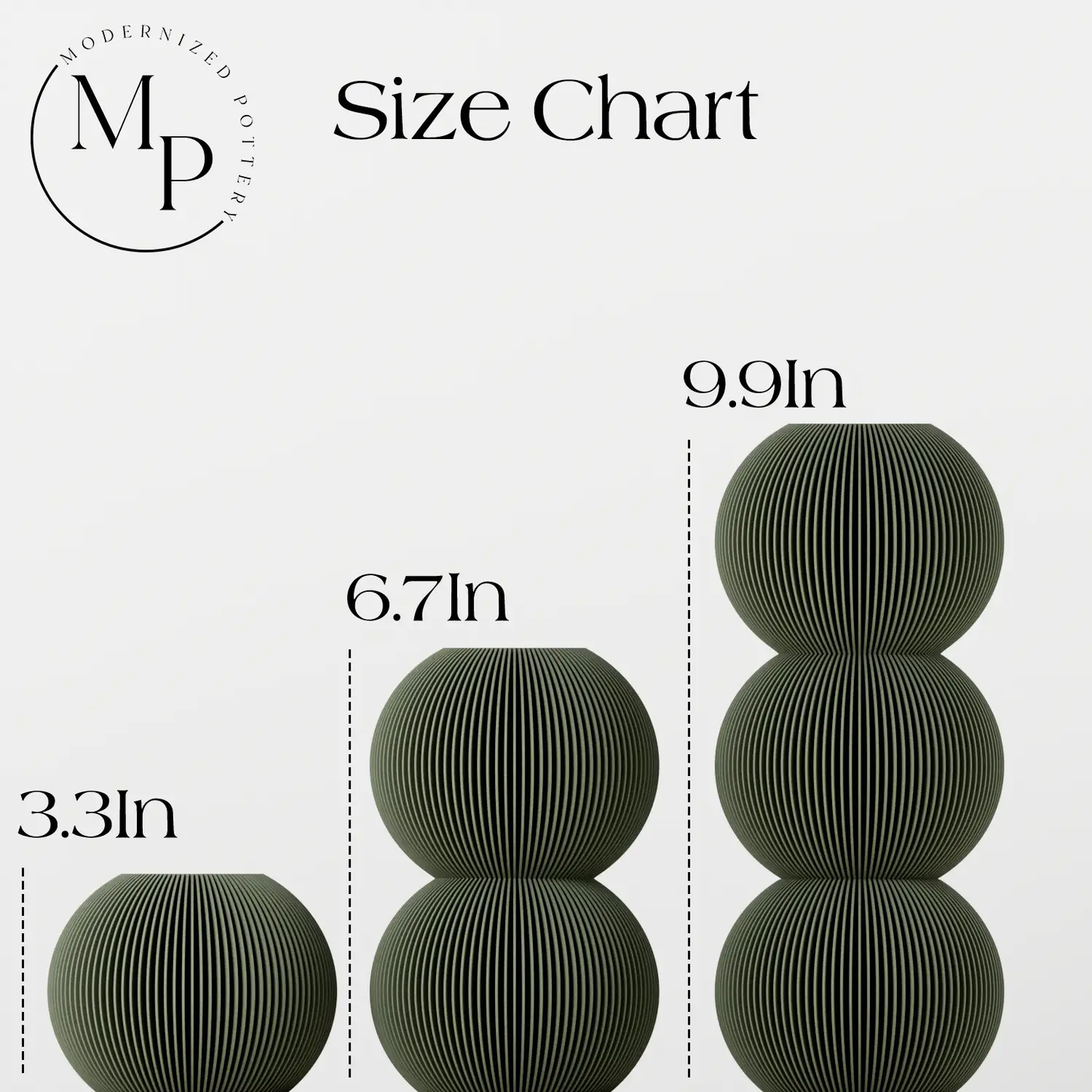 Bubble Vase size chart: olive-green ribbed bubbles in 3.3in, 6.7in, 9.9in by Modernized Pottery on Tampa Home & Garden Store