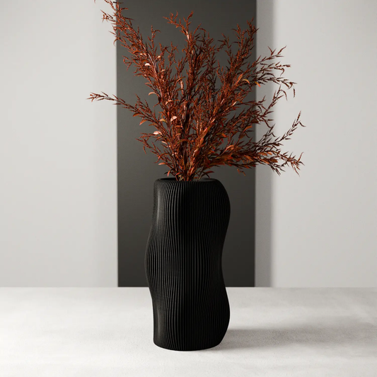 Bubbly vase by Modernized Pottery, black ribbed ceramic with orange branches on Tampa Home & Garden Store