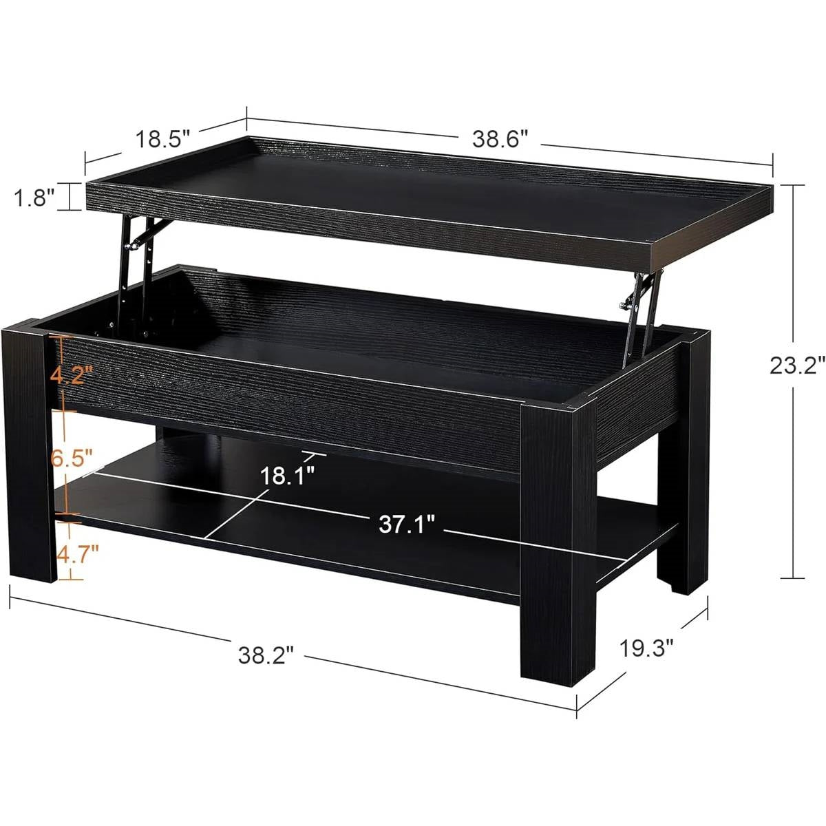 Mesa de centro elevable moderna con bandeja para laptop y estante de almacenamiento en acabado de madera negra