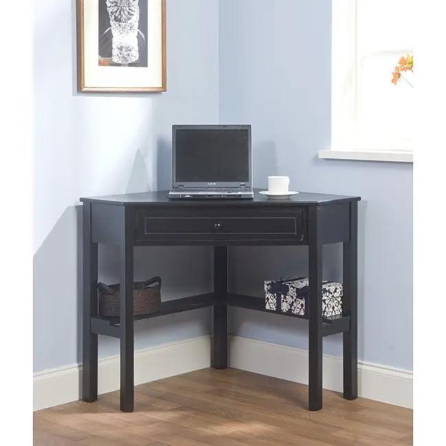 Corner computer desk in black wood with central drawer and side shelves, laptop on top on Tampa Home & Garden Store