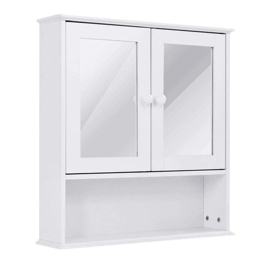 Simple bathroom mirror wall cabinet in white wood with mirrored doors and open lower shelf on Tampa Home & Garden Store