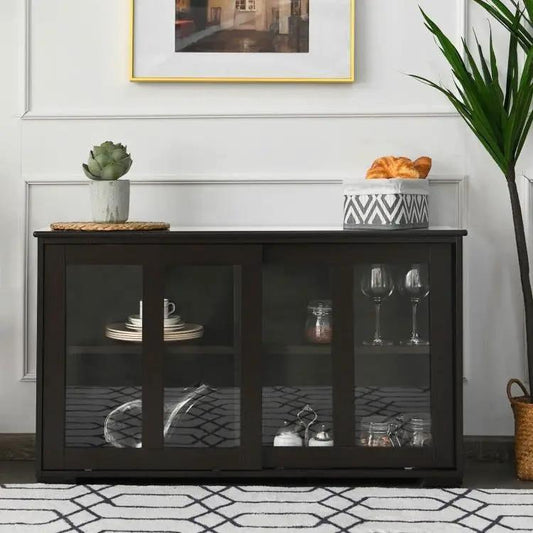 Brown wood buffet sideboard with glass sliding doors, interior shelving by HomePacific on Tampa Home & Garden Store