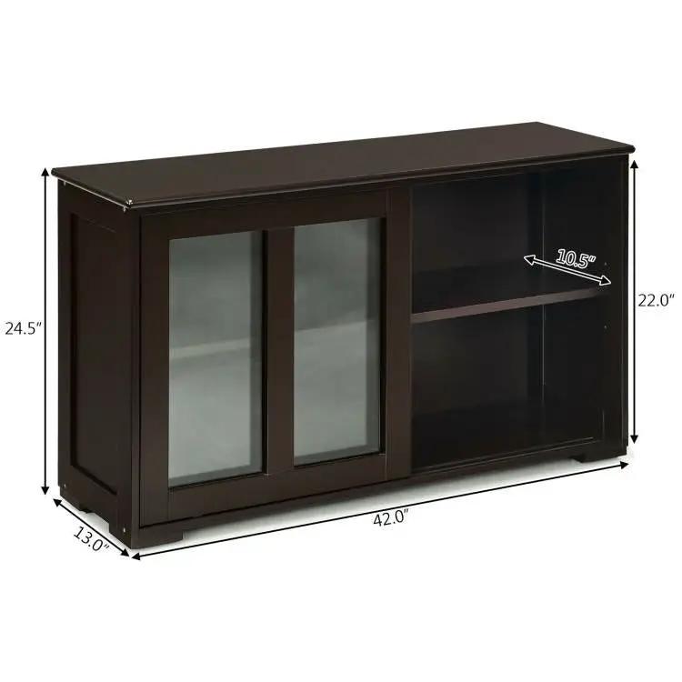 Brown Wood Buffet Kitchen Dining Sideboard Storage Cabinet w/ Glass Sliding Door - Tampa Home & Garden Store