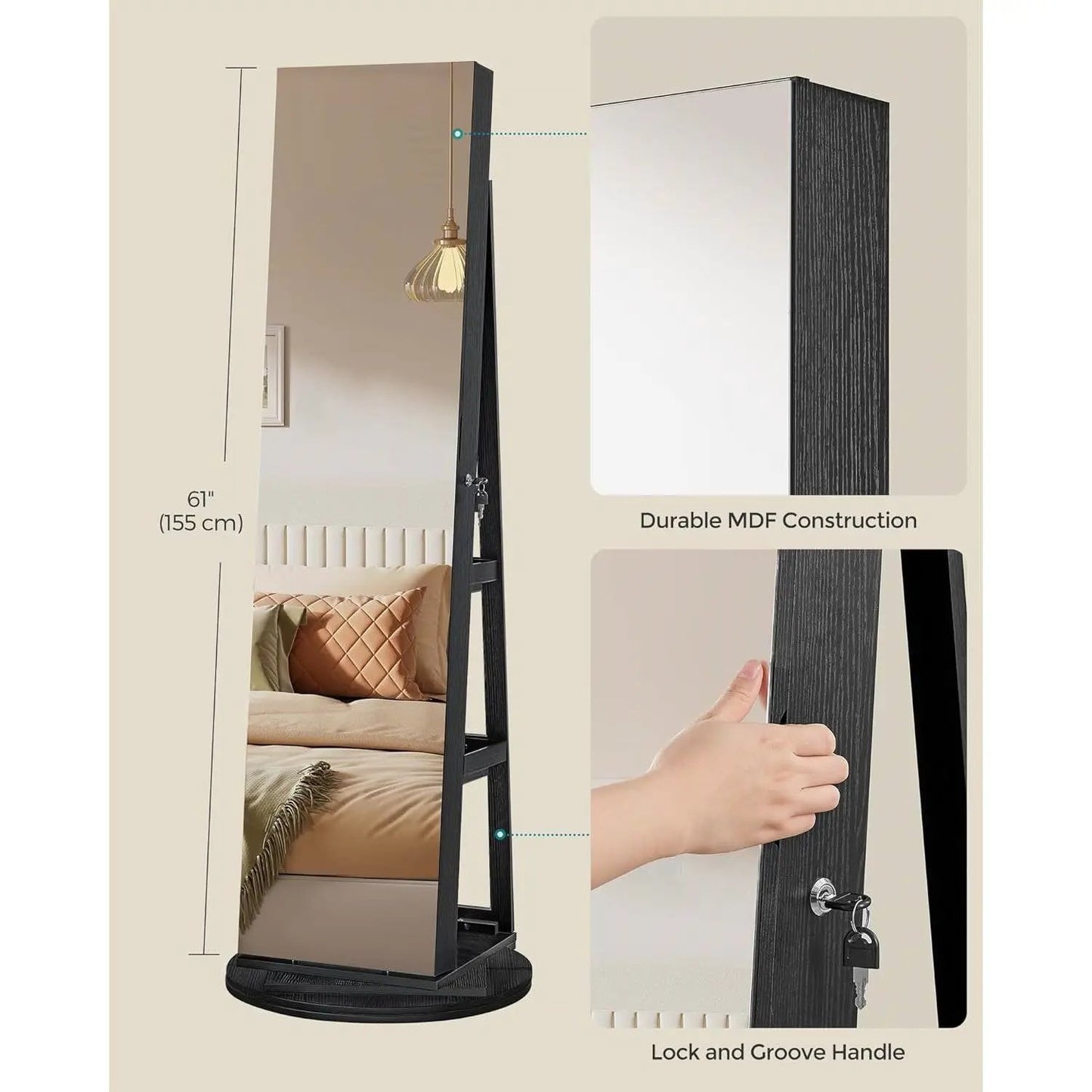 Black Wood Jewelry Cabinet Armoire with Mirror