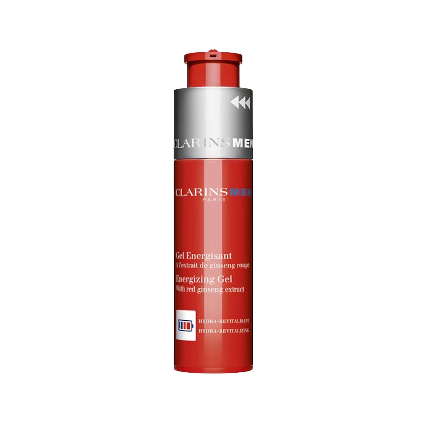 Clarins Men Energizing Gel travel-size facial moisturizer bottle red with silver label on Tampa Home & Garden Store