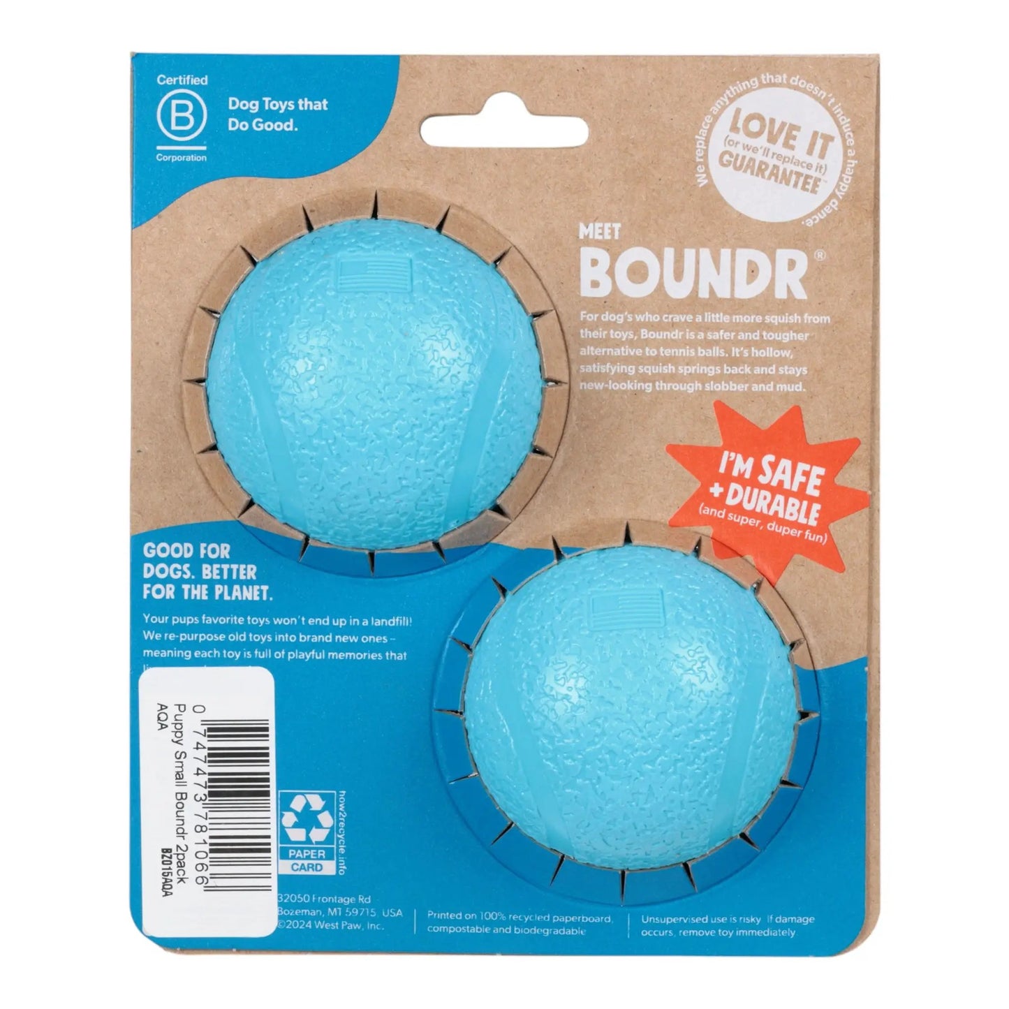 Boundr Dog Ball 2-Pack Aqua chew toy by West Paw on packaging on Tampa Home & Garden Store