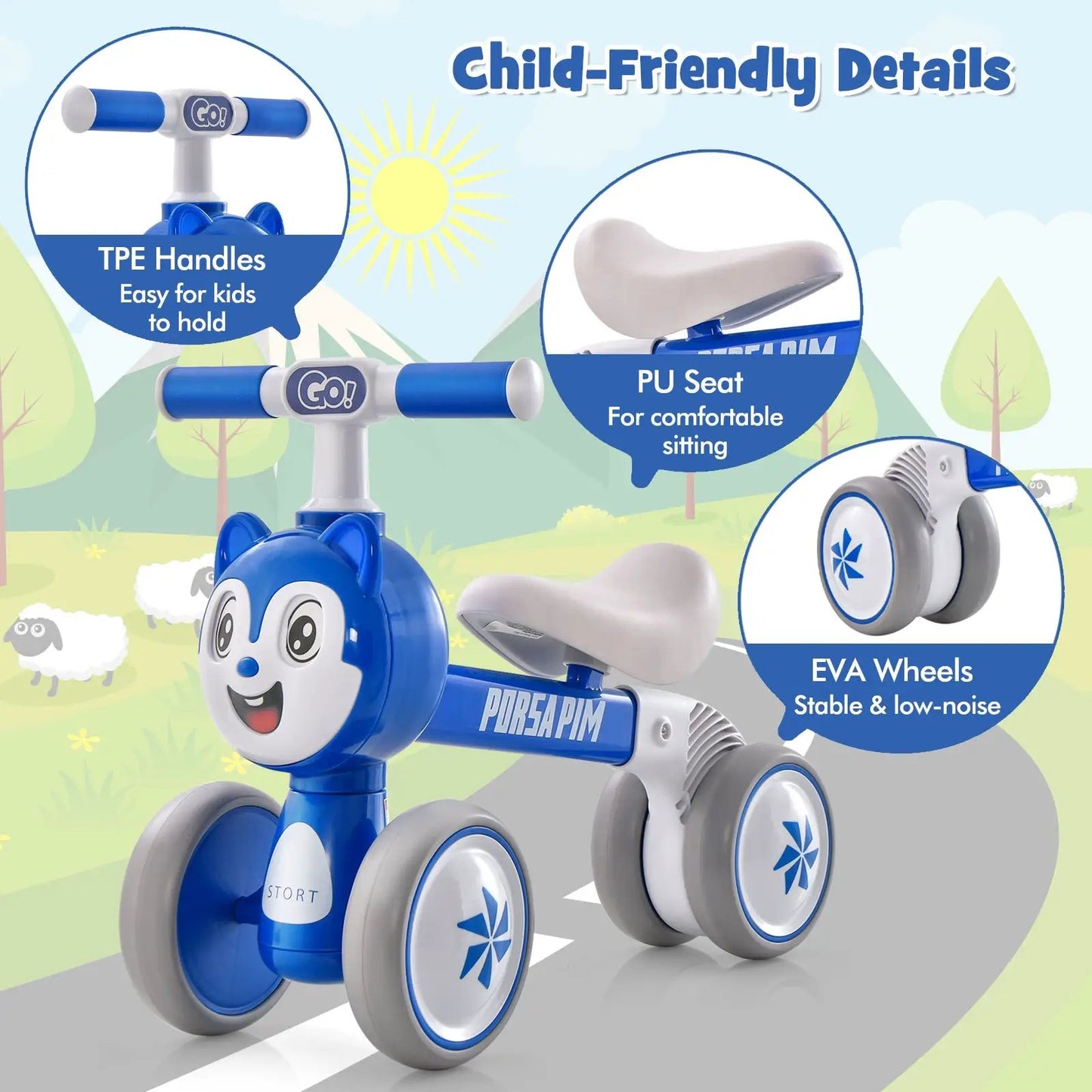 Baby Balance Bike No Pedal Four-Wheel Blue with PU seat and TPE handles DirectDeals on Tampa Home & Garden Store