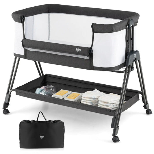 Baby Bedside Sleeper in dark gray fabric with white mesh, 7-height adjustable, Baby Joy bag on Tampa Home & Garden Store