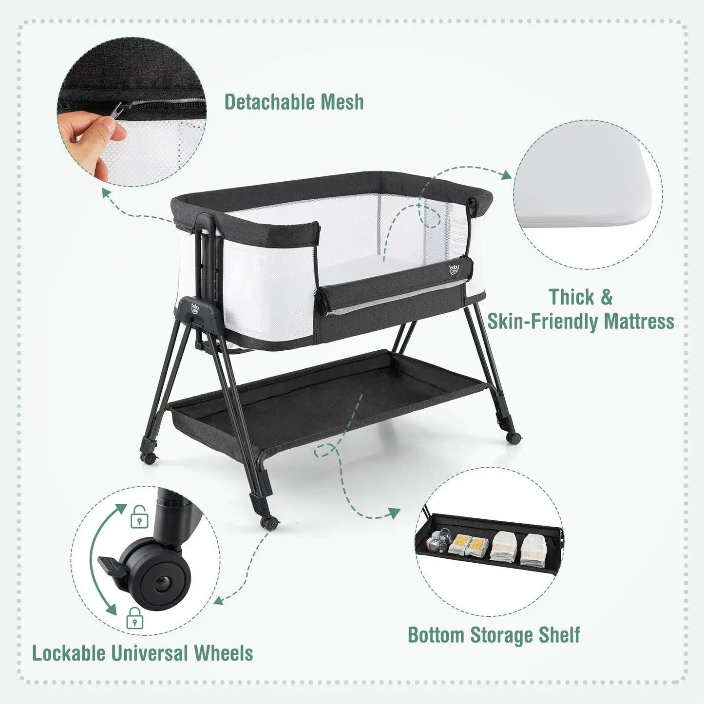 DirectDeals Baby Bedside Sleeper with 7 heights, mesh sides, thick mattress, storage shelf on Tampa Home & Garden Store