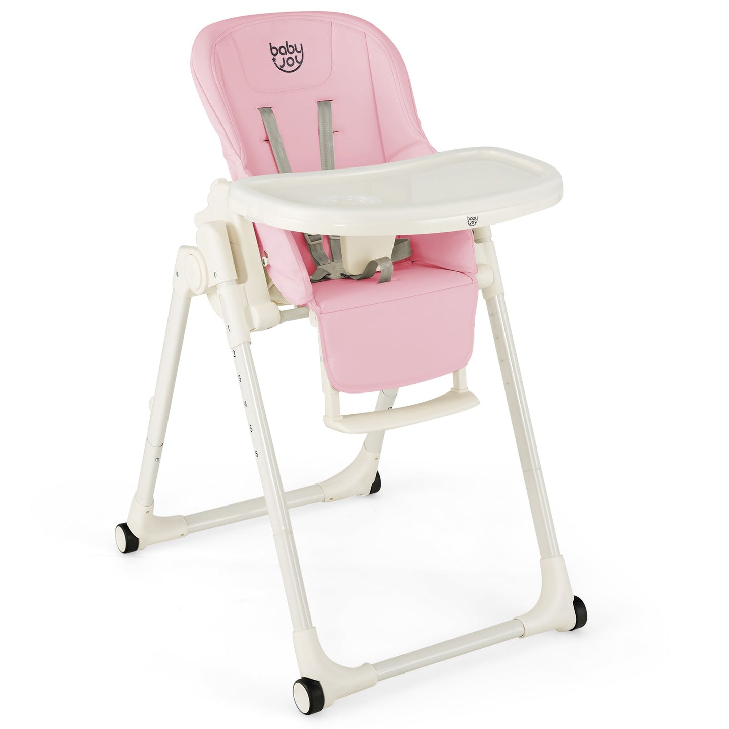 4-in-1 baby high chair pink with adjustable heights and tray, Baby Joy logo on Tampa Home & Garden Store