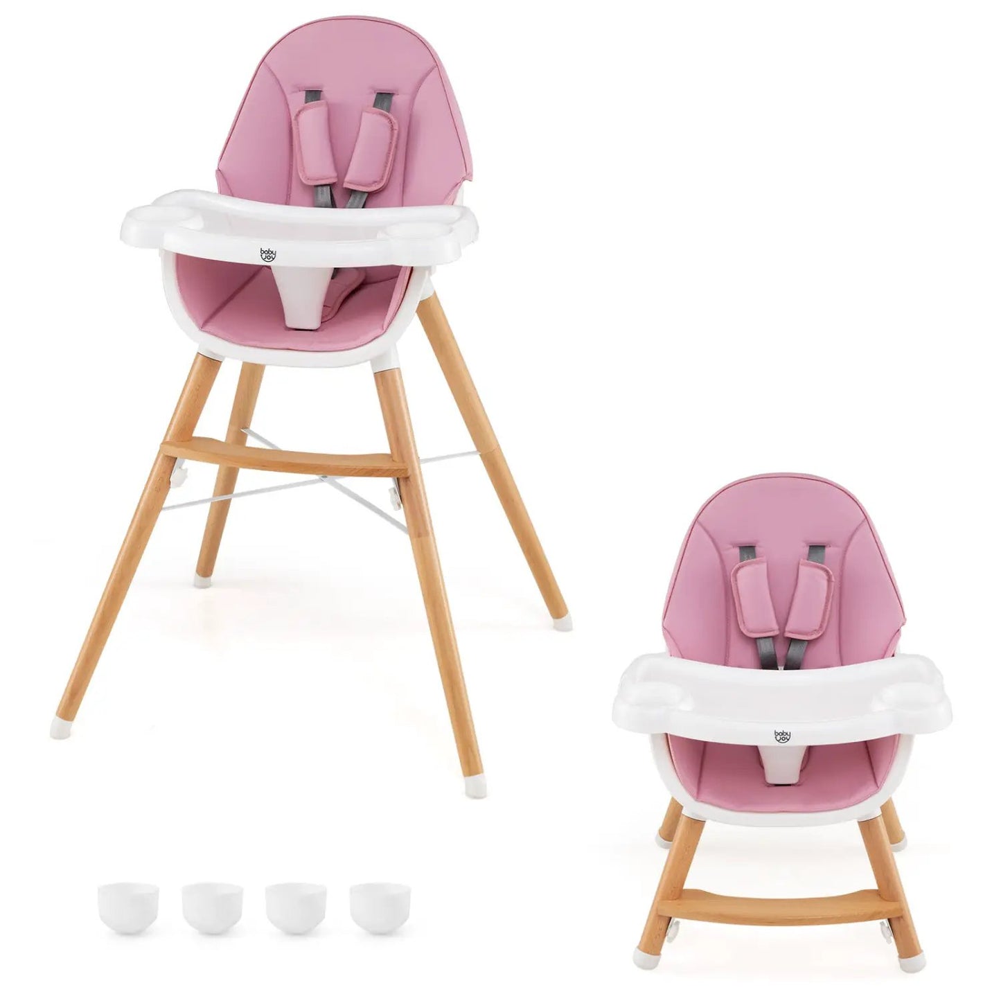 Two pink baby high chairs with white dishwasher-safe trays and wooden legs; Baby Joy logo on tray on Tampa Home & Garden Store