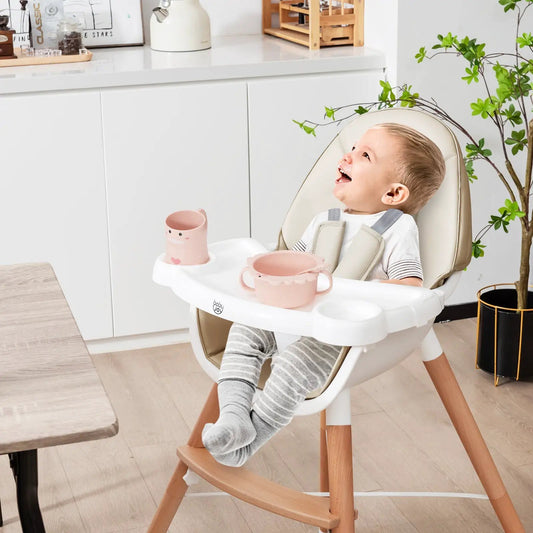 Baby high chair with dishwasher safe tray, pink cups on tray, wood legs on Tampa Home & Garden Store