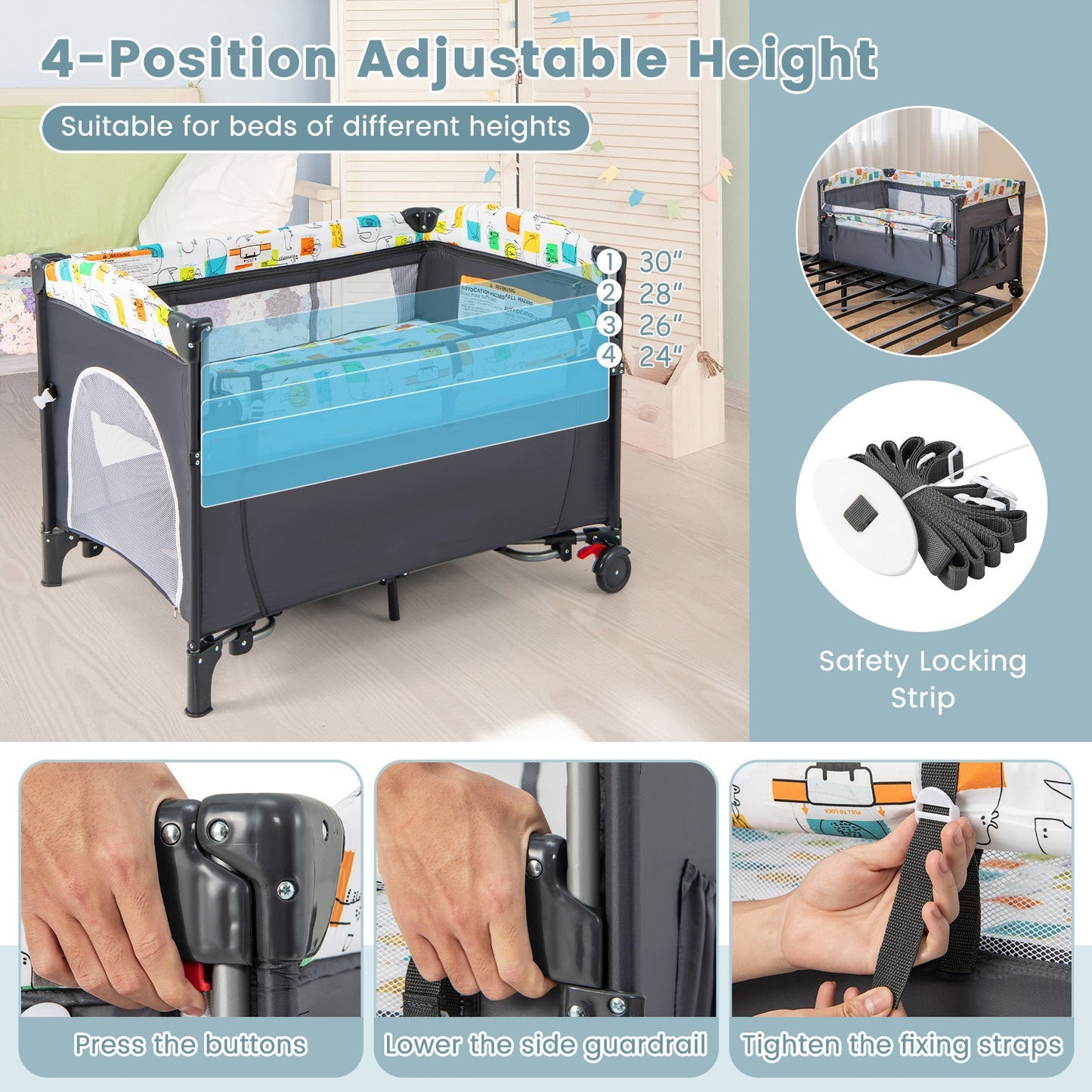 5-in-1 Baby Nursery Center Foldable Toddler Bedside Crib with Music Box - Tampa Home & Garden Store