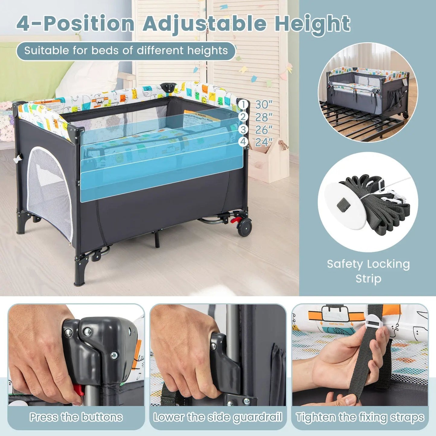 Five in One Baby Nursery Center Foldable Crib with gray frame, blue mesh sides, wheels on Tampa Home & Garden Store