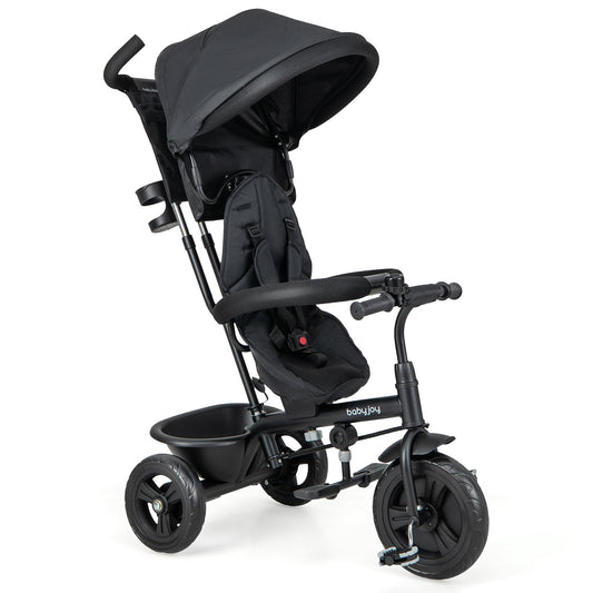 4-in-1 Baby Trike Kids Tricycle with Removable Canopy and Adjustable Push Handle-Black - Tampa Home & Garden Store