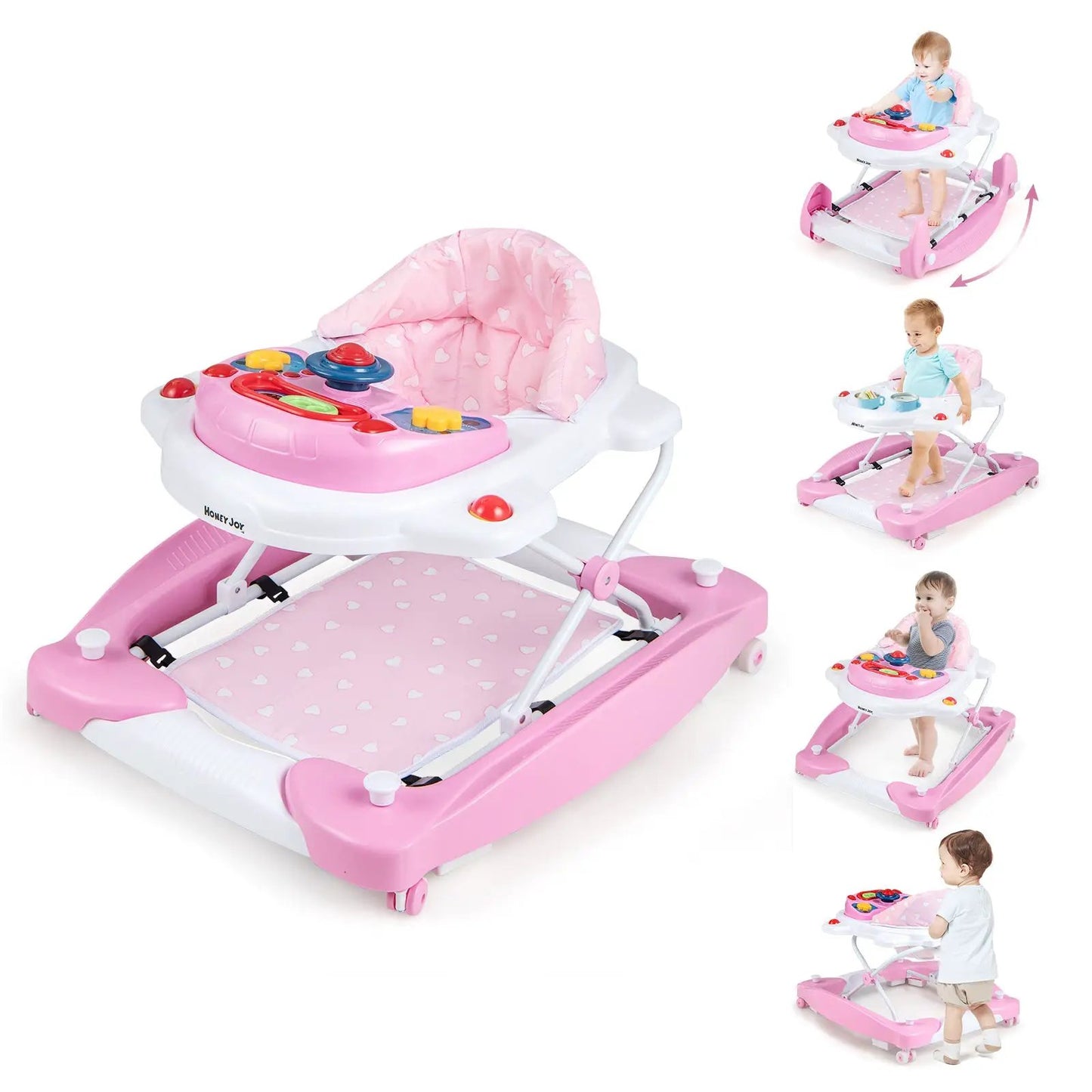 6-in-1 Foldable Baby Walker with Adjustable Height, pink heart-pattern seat, DirectDeals on Tampa Home & Garden Store