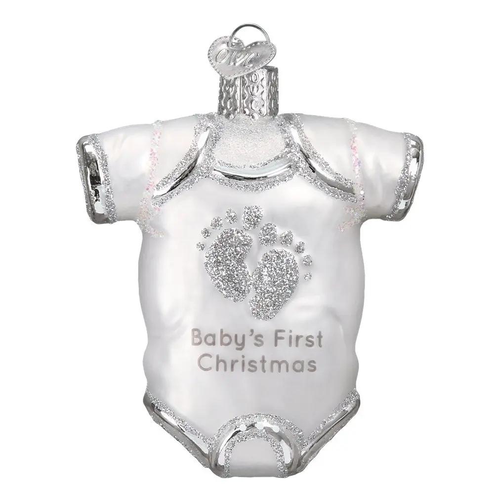 Baby's First Christmas Onesie Glass Ornament white with silver glitter footprints on Tampa Home & Garden Store