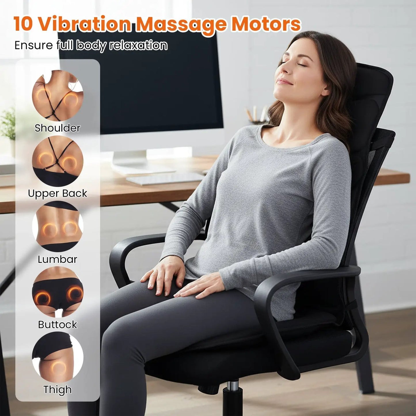 Back massager cushion with heat and 10 motors in black; relaxed user; shoulder to thigh zones on Tampa Home & Garden Store