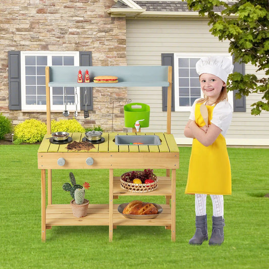 Backyard Pretend Play Kitchen With Stove Top wooden outdoor kitchen with light-blue shelf on Tampa Home & Garden Store