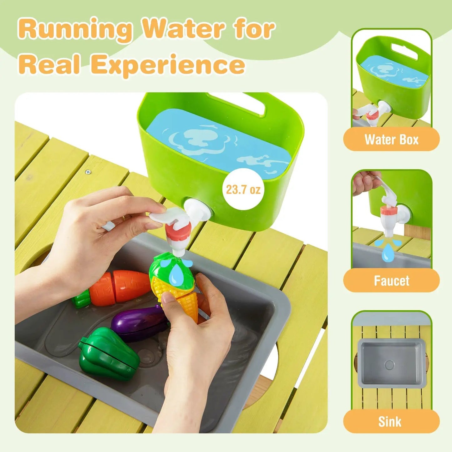 Backyard Pretend Play Kitchen With Stove Top, green plastic with sink and faucet, water basin on Tampa Home & Garden Store