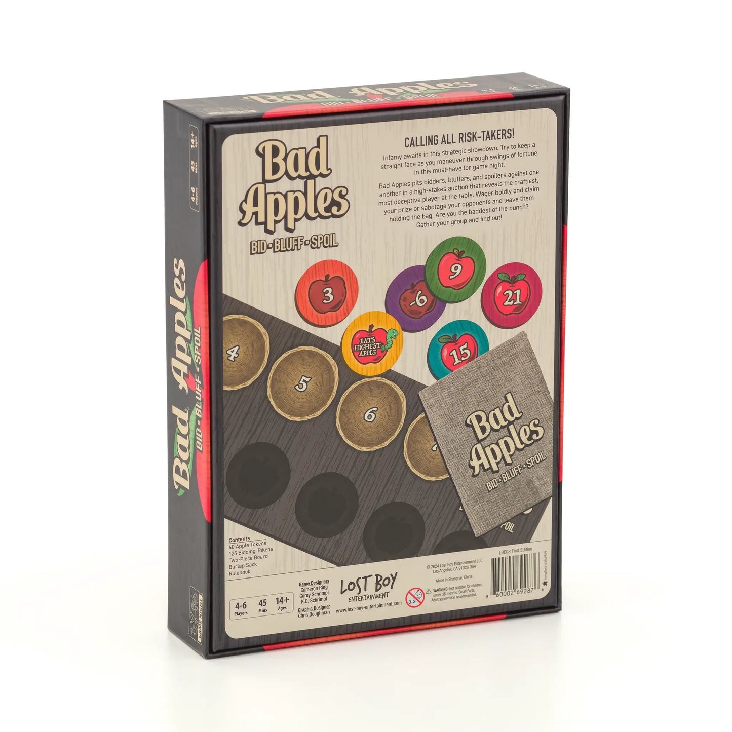 Bad Apples Bluffing Auction board game box with apple tokens by Lost Boy Entertainment on Tampa Home & Garden Store
