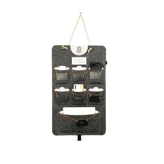 Bagby Family Phone Organizer with 6 pockets, hanging dark felt basket with rope hanger on Tampa Home & Garden Store