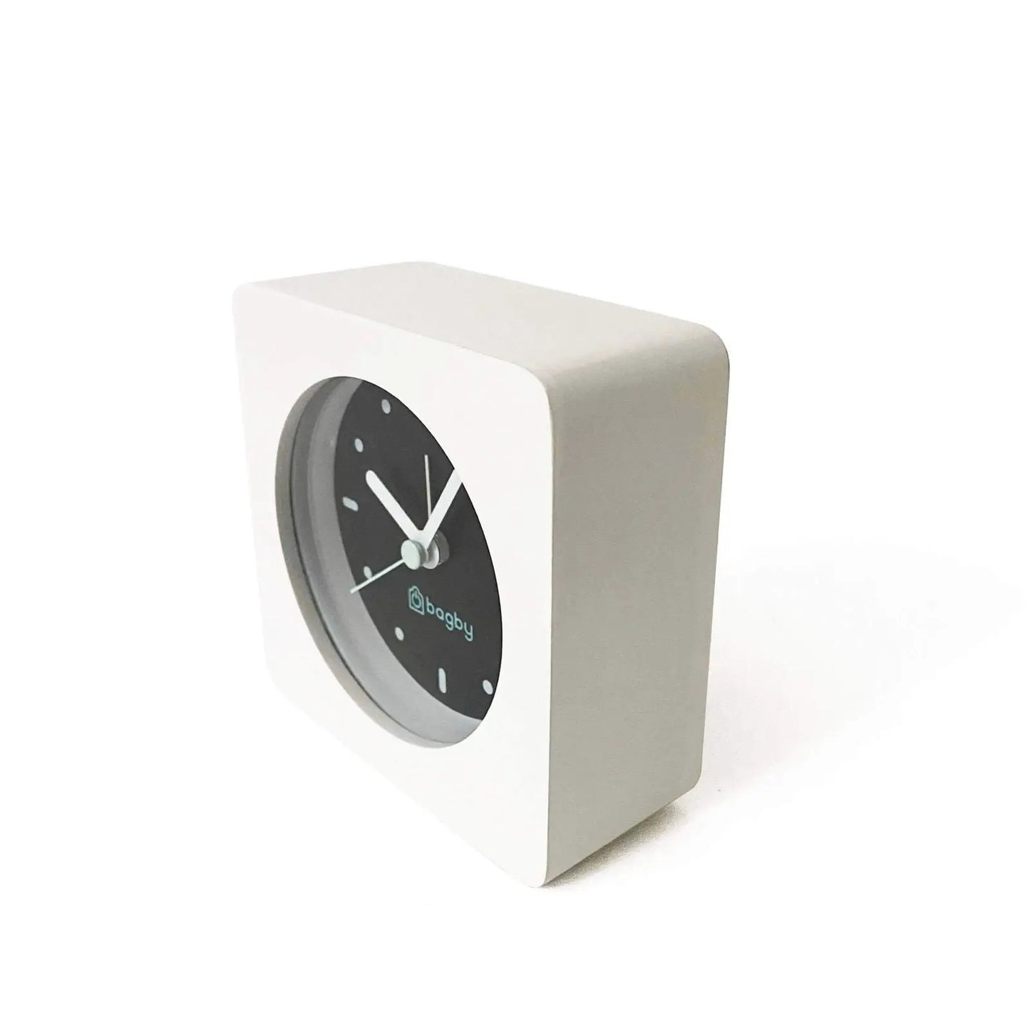 Bagby minimalist white analog alarm clock with black dial and Bagby logo on Tampa Home & Garden Store
