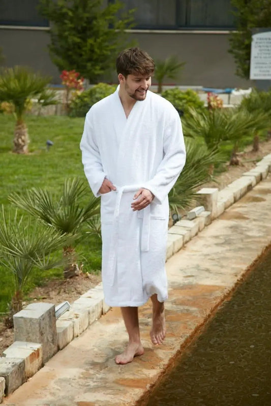 Bagno Milano men's Organic Turkish Cotton Bathrobe white mid-calf with belt and pockets on Tampa Home & Garden Store