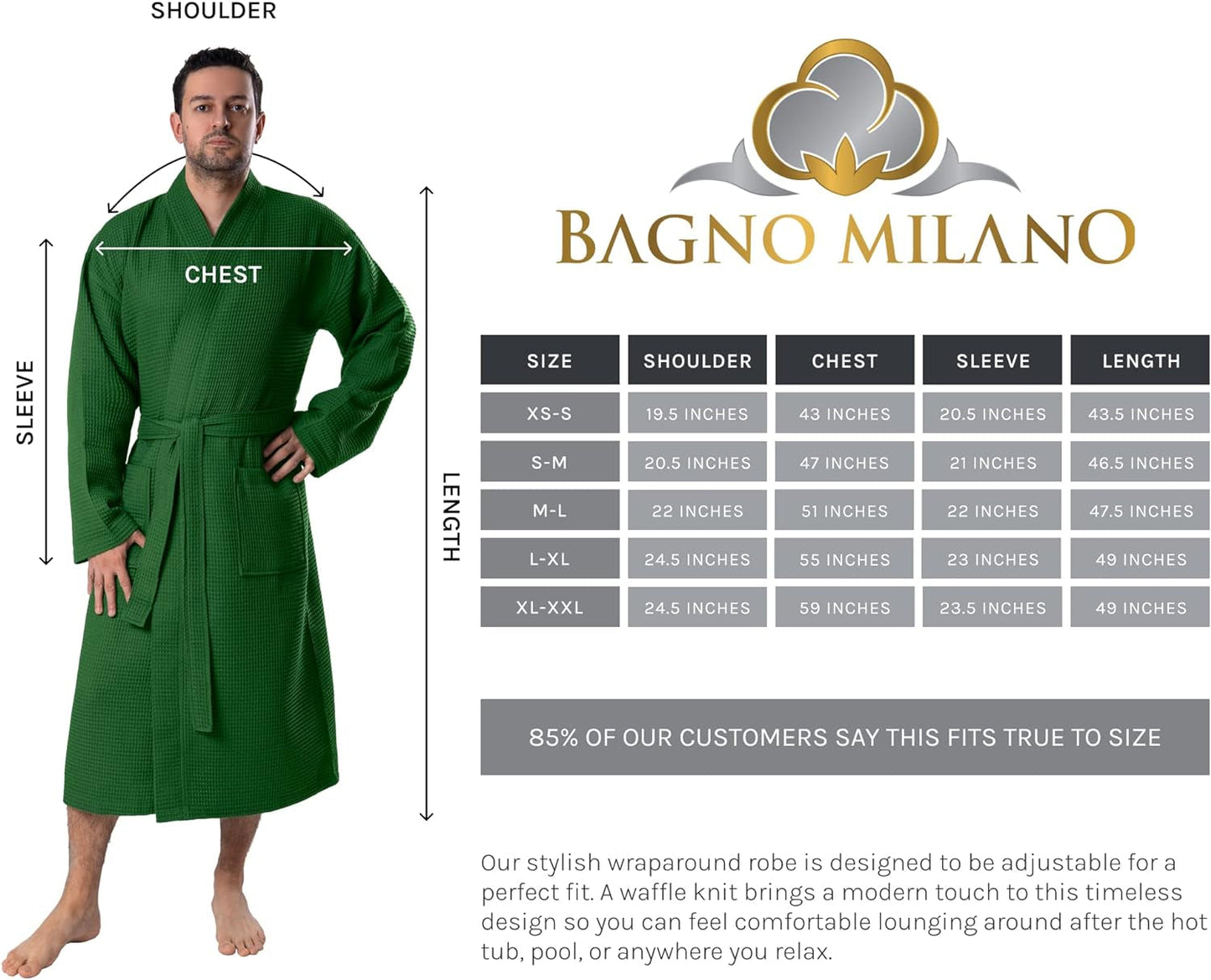 Bagno Milano Men’s 100% Organic Turkish Cotton Terry Bathrobe – Certified Soft, Absorbent, Kimono-Style Robe for Spa & Lounge - Tampa Home & Garden Store