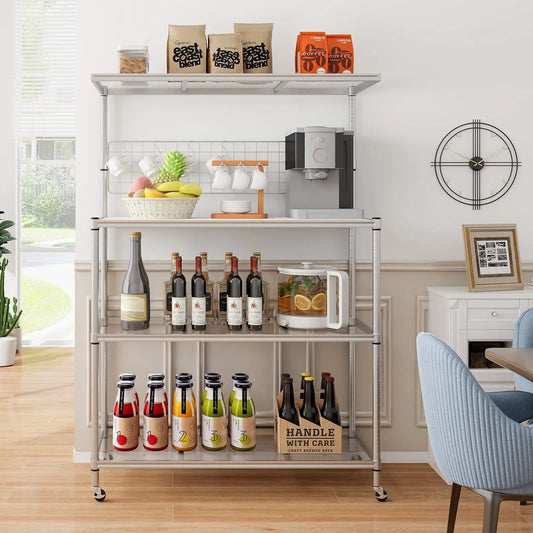 4 Tier Bakers Rack on Wheels with Adjustable Shelves silver metal kitchen rack on Tampa Home & Garden Store