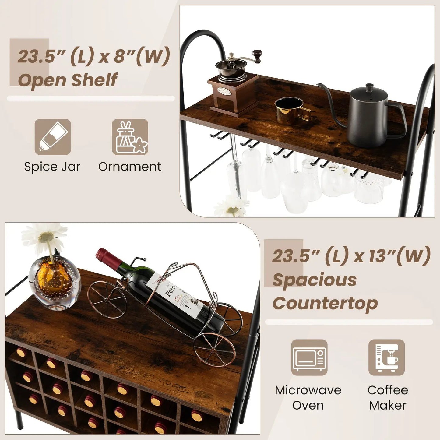 Baker's Rack with Detachable Wine Rack and five stemware holders rustic brown on Tampa Home & Garden Store