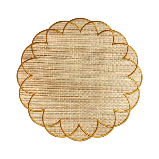 Bali straw placemat round natural fiber with scalloped edge bohemian style on Tampa Home & Garden Store
