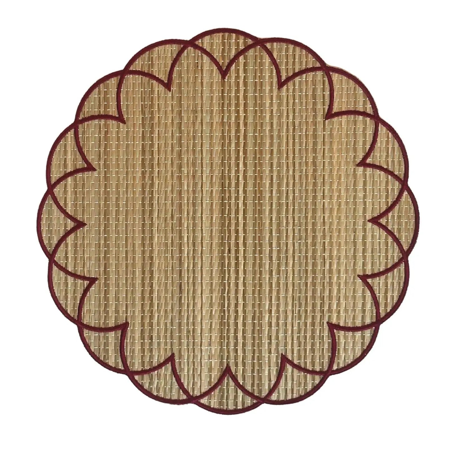 Bali straw placemat set natural fiber Bohemian with burgundy trim by Talah Home on Tampa Home & Garden Store