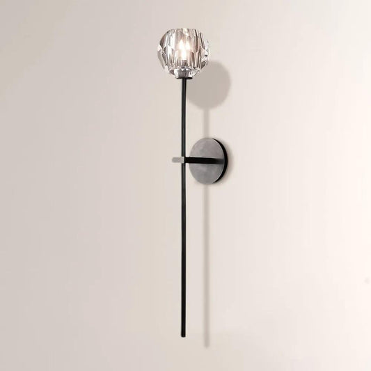 Crystal wall sconce Moktan Sabai with brass finish and clear shade on slim black mount on Tampa Home & Garden Store
