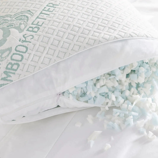 Adjustable bamboo cooling pillow with white quilted cover and teal Bamboo is Better logo zipper on Tampa Home & Garden Store