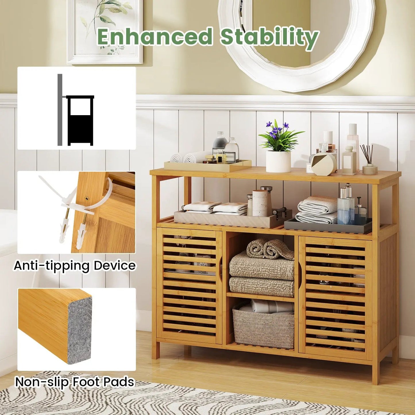 Bamboo bathroom cabinet with shelves and doors, natural finish, DirectDeals bathroom cabinet on Tampa Home & Garden Store