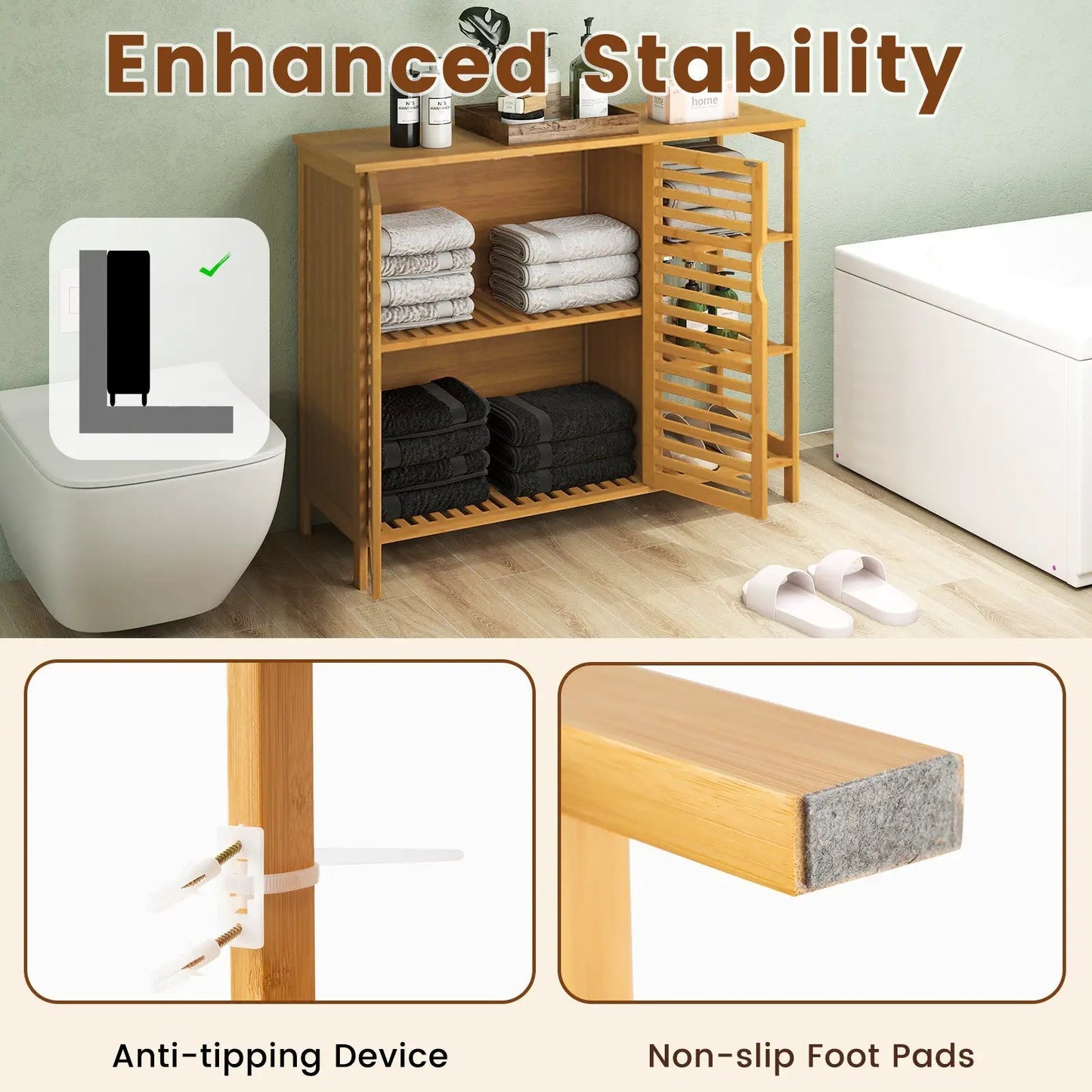 Bamboo bathroom cabinet 2-door storage organizer in natural finish with shelves DirectDeals on Tampa Home & Garden Store