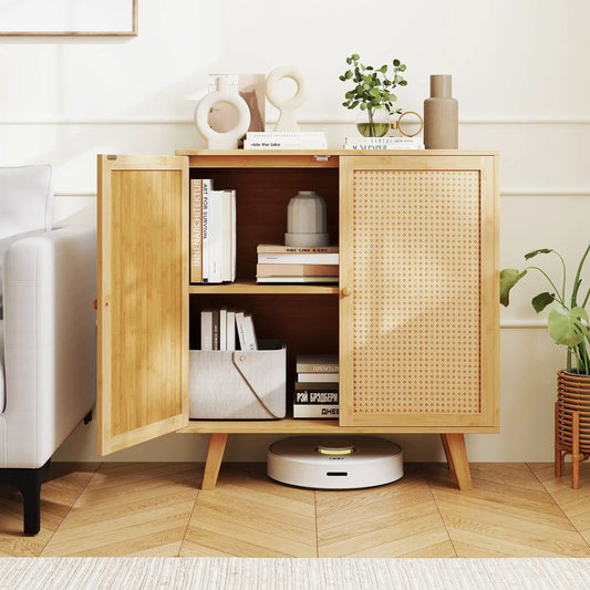 Bamboo Buffet Cabinet with PE Rattan Doors in natural finish, open shelves, DirectDeals on Tampa Home & Garden Store