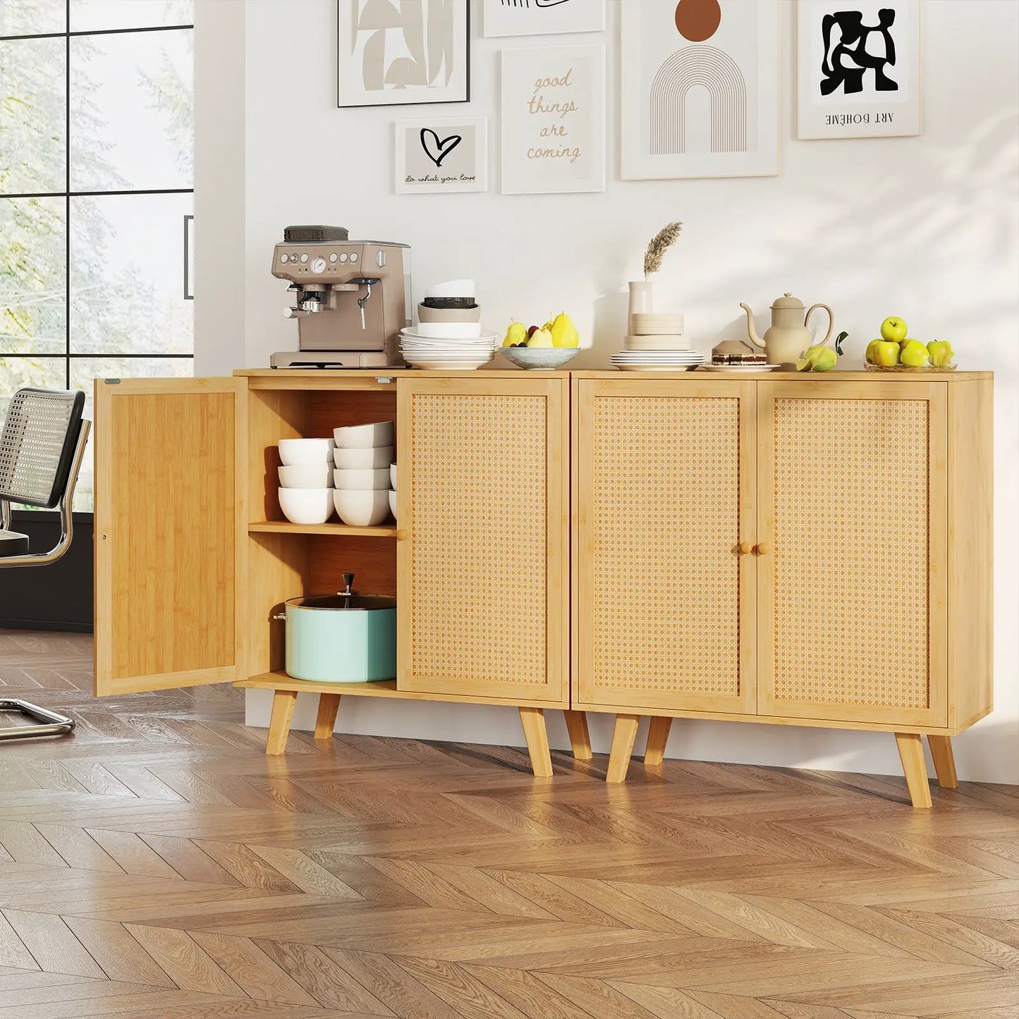 Bamboo buffet cabinet with PE rattan doors in natural finish on Tampa Home & Garden Store
