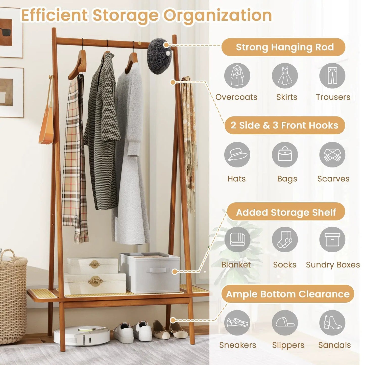Bamboo clothes rack with hanging rod and copper hooks, brown finish, with lower shelf on Tampa Home & Garden Store