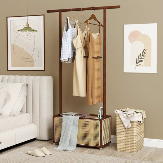 Bamboo clothes rack with rattan storage basket in warm brown, DirectDeals, wheeled base on Tampa Home & Garden Store