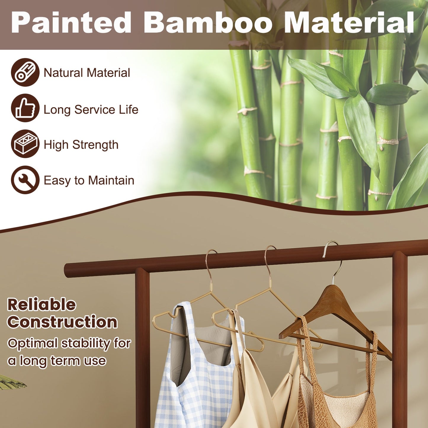 Bamboo clothes rack with brown wooden frame and several hangers on Tampa Home & Garden Store