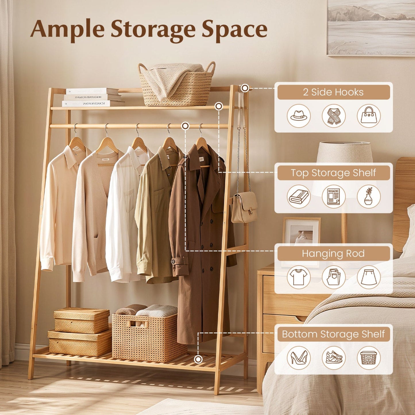 Bamboo coat rack with hanging rod and top shelf in natural finish by DirectDeals on Tampa Home & Garden Store